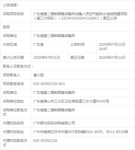 廣東省第二強制隔離戒毒所空氣能熱水系統采購變更